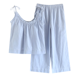 吊带睡衣女夏季带胸垫纯棉纱布短裤九分裤睡裙全棉清凉家居服套装