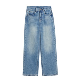 REMOULD 26新款浅蓝窄版直筒牛仔裤无弹显瘦百搭猫须磨白简约女裤