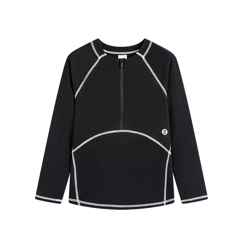 onmygame女童长袖T恤春秋抗菌黑色插肩袖上衣运动桑蚕丝糯糯衣