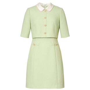 Lakoradior拉珂蒂商场同款优雅浅绿套裙女春季短袖简约连衣裙女