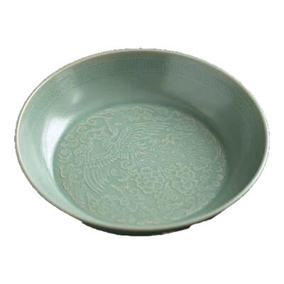 汝山明仿古豆青釉凤纹盘冰裂开片
