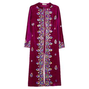 维族舞蹈演出服装女士长款珠绣金丝绒马甲秋冬季广场舞新疆舞袷袢