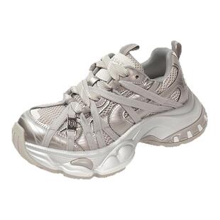 星期六超火绑带银色加绒老爹鞋女款2025新款厚底增高运动鞋休闲鞋