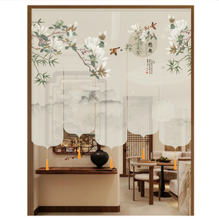新中式门帘挂式屏风卷帘花鸟雅趣免打孔玄关挂帘茶室书房客厅隔断