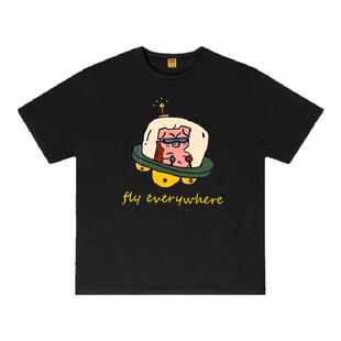 美式复古个性小猪猪卡通印花Vintage休闲宽松t恤ins男女情侣短袖