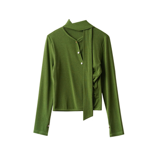 法式设计感不对称收腰修身优雅系带长袖针织打底衫T恤女气质上衣