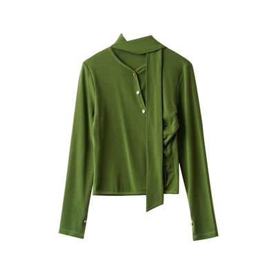 法式设计感不对称收腰修身优雅系带长袖针织打底衫T恤女气质上衣