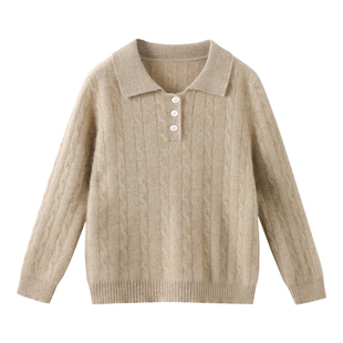 秋冬100%羊毛儿童Polo领麻花厚款毛衣男生针织衬衫中国红套头翻领