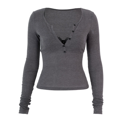 PynkiSwear 灰色/绿色莱赛尔V领蕾丝拼接T恤修身假两件针织上衣女