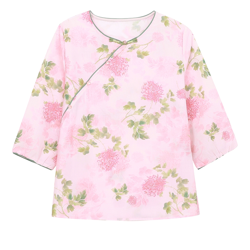 新中式粉色印花盘扣宽松衬衫女