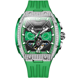 格拉图名表品牌正品时尚新潮绿酒桶型手表男士机械表夜光防水男款