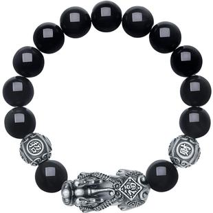 周六福黑曜貔貅手串S925银经典复古招财新中式手链新年礼物送男士