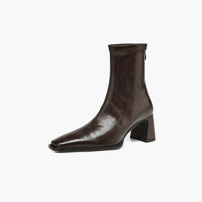 韩版方头高跟短靴女秋法式粗跟