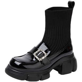 许我耀眼同款百田森弹力袜靴女2025新款冬季厚底加绒靴子黑色短靴