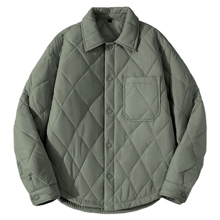 回力绿色翻领男士棉服秋冬款复古菱形格外套男生空气感轻薄夹克A