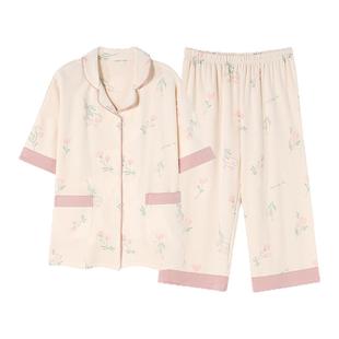芬腾可安睡衣女款夏季棉质2026新款短袖七分裤中老年妈妈夏家居服