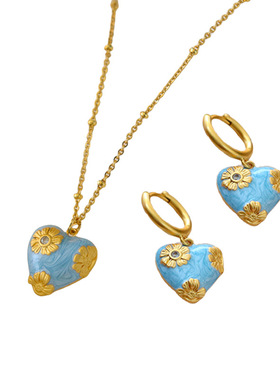 法式蓝色滴油珐琅花朵爱心锁骨链