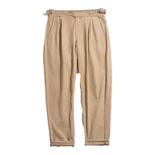 马登工装早秋意式廓尔格裤直筒宽松抗皱那卡其色不勒斯双褶西裤男