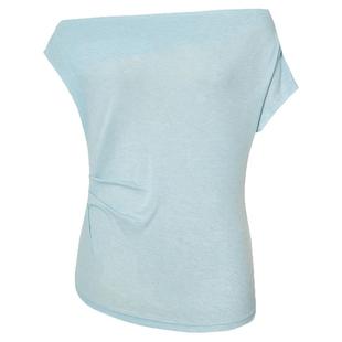 伊芙丽时尚一字肩斜肩天丝羊毛舒适百搭短袖T恤设计感2025夏新款