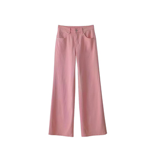 李李服饰粉色高腰阔腿牛仔裤女2025冬季加绒宽松百搭垂感拖地长裤