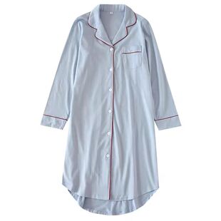 日系简约全棉针织长袖翻领睡裙女春秋季中长款燕尾睡袍纯色衬衫裙