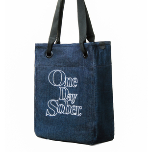 OneDaySober 水洗牛仔刺绣托特包 美式复古大容量通勤单肩帆布袋