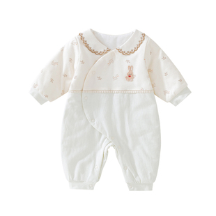 新生婴儿衣服秋冬季夹棉加厚哈衣满月女宝宝连体衣冬装薄棉衣棉服