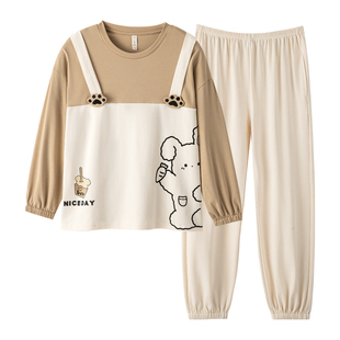 芬腾可安带胸垫睡衣女款春秋2026新款纯棉长袖可爱套头家居服套装