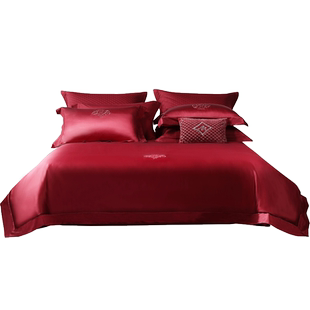 水星家纺100支长绒棉结婚四件套轻奢婚庆套件大红色床单被套床品