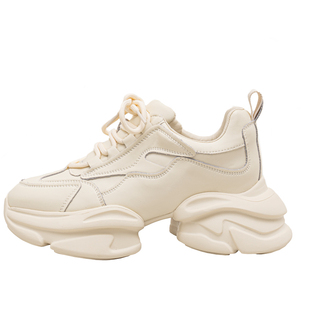 「鞋登」头层牛皮老爹鞋女加绒2026冬新款厚底增高7cm 米色运动鞋