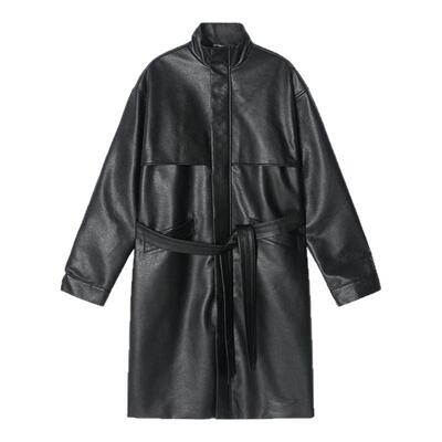 【配腰带】Unvesno(UN)查理战壕仿真皮古着翻领中长皮革风衣抗风