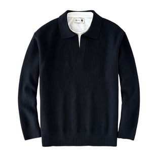 韩系松弛感深V撞色假两件棒针毛衣男士秋冬潮流情侣款翻领针织衫