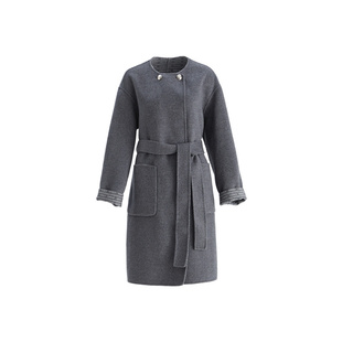 OBEG欧碧倩灰色双面穿羊毛双面呢无领大衣冬女毛呢外套10484082