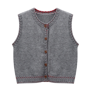 Basic House/百家好复古圆领针织马甲女秋外穿时尚开衫坎肩背心