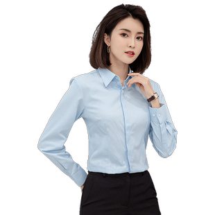 浅蓝色保暖衬衣女士长袖秋冬季加绒加厚白衬衫职业上班正装工作服