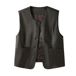 老钱风PU皮衣马甲背心女秋装时尚百搭单排扣坎肩显瘦叠穿马夹外套