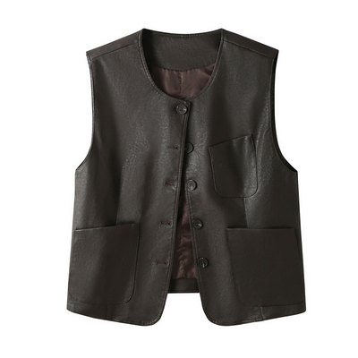 老钱风PU皮衣马甲背心女秋装时尚百搭单排扣坎肩显瘦叠穿马夹外套