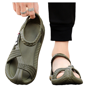 男士凉鞋2026新款夏季外穿手工编织罗马草鞋男款防滑沙滩涉水凉拖