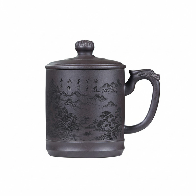 宜兴紫砂刻山水带盖大茶杯1200ml