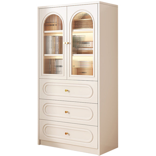 法式实木书柜储物柜收纳柜防尘玻璃门奶油风简约家用书架置物柜