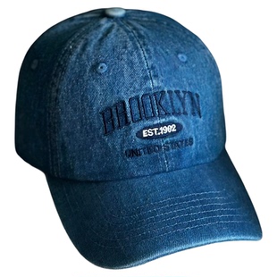 美式复古BROOKLYN字母棒球帽子弯檐男女水洗牛仔鸭舌帽加深桶百搭