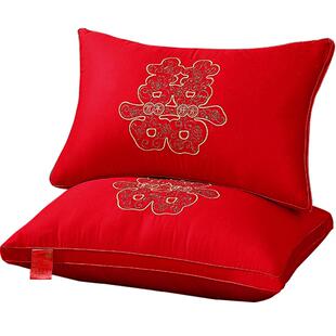 结婚大红色全棉枕头一对陪嫁用床上用品新婚喜庆礼物送手提袋枕芯