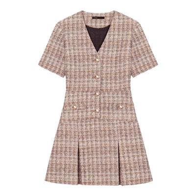 Maje女装美格纹工字褶短款连衣裙