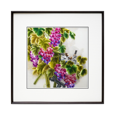 新中式风格紫色花鸟餐厅刺绣画