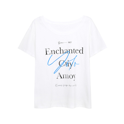 荒荒家 city印花露斜肩短袖2025夏季新款宽松字母休闲白色T恤女