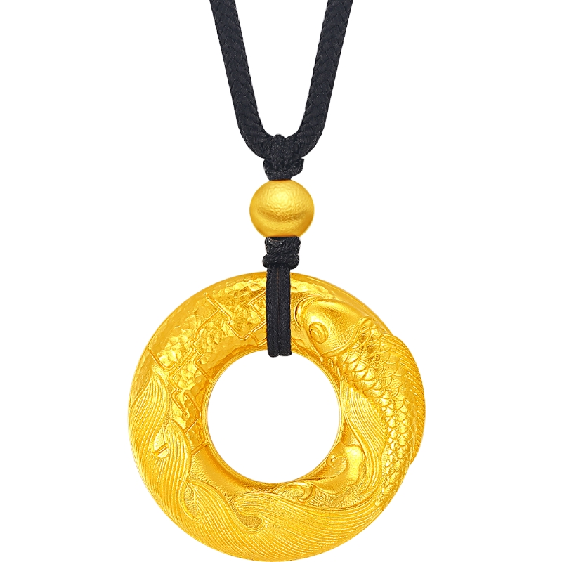 潮宏基臻金弘锦鲤平安扣足金项链古法吊坠套链传承计价生日礼物