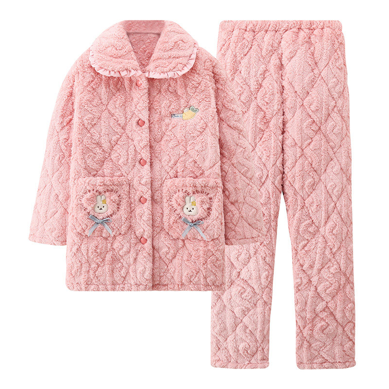 睡衣女冬季夹棉保暖可爱三层加厚加绒珊瑚绒棉袄家居服大码可外穿