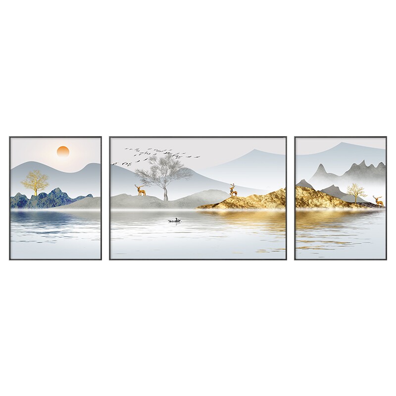 新款现代客厅三联装饰画沙发背景铝合金有框画晶瓷镶钻挂画画