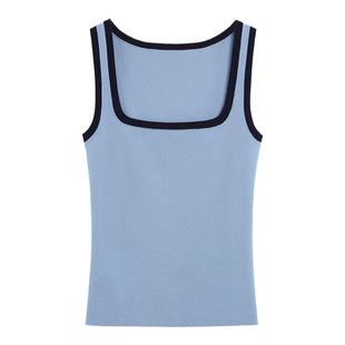 MULVAN 方领针织无袖背心女外穿夏弹力小众设计撞色吊带上衣