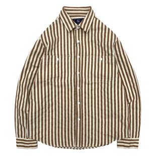 美式阿美咔叽日系复古青年工装衬衫全棉彩色织条纹宽松长袖衬衣男